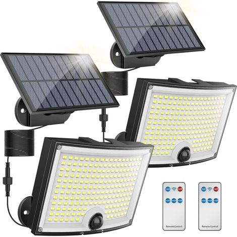 Luces solares para exterior con 106 LED y detector de movimiento, IP65, ángulo de haz de 120°, paquete de 2 luces solares de pared para jardín con cable de 5 m [Clase energética D] (1/4)