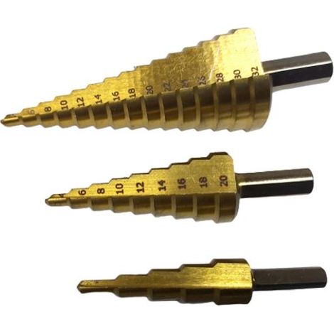 KIT SET FRESA A GRADINI SCALINI CONICA HSS 4-32 4-20 4-12 MM ALLARGAFORI PUNTA (1/5)