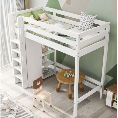 Lit mezzanine enfant en bois massif et panneaux de particules blanc 90x200 cm avec armoire, 6 étagères et sommier inclus (1/5)