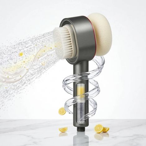 Pommeau de Douche avec Filtre, Douchette Haute Pression 3 en 1, 2 Brosses Magnétiques et Cartouche Filtrante Charbon Actif pour Salle de Bain (Citron-Gris) (1/5)