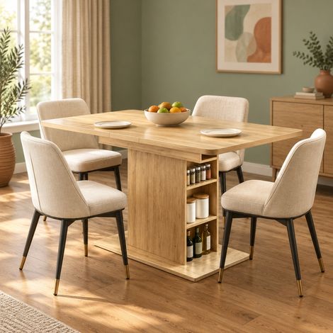 Table à manger extensible rectangulaire 110-130 cm pour 4 à 6 personnes, MDF naturel HAVRYA (1/5)
