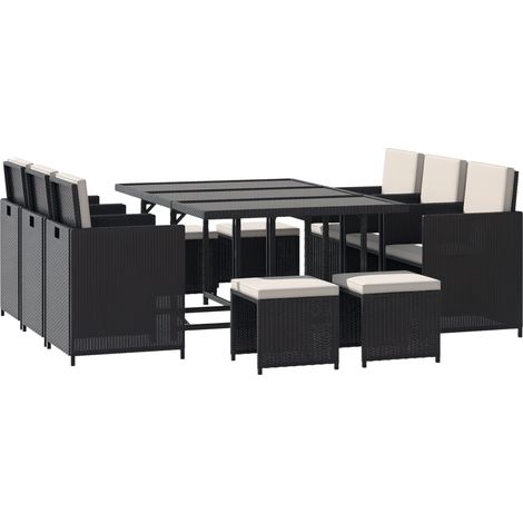 Rattan Dining Set Garden Furniture Patio set 11 PC with Cushion Black /Milk White