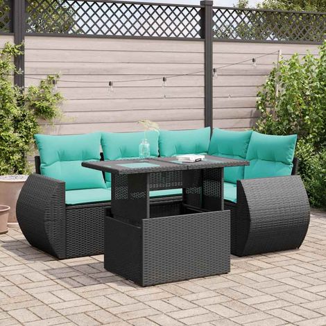 5tlg. Garten-Sofagarnitur mit Kissen Schwarz Poly Rattan Akazie (1/5)