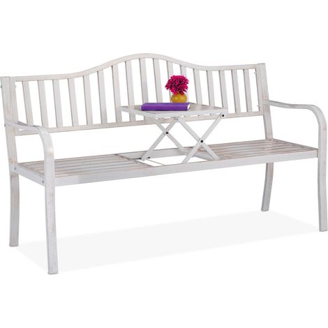 Relaxdays Panca da Giardino con Tavolino Pieghevole, 3 Posti, Resistente, Acciaio, HLP 89 x 150 x 58,5 cm, Bianco Bronzo