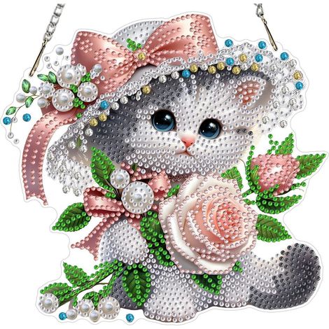 Pendentif Diamond Painting Chat avec Rose, Kit de bricolage pour fenêtre avec chaîne (1/4)