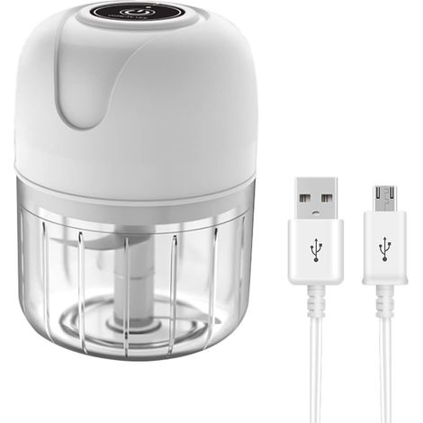 250 ML Presse-ail Électrique Mini Mixeur Blender Hachoir Hachoir sans Fil avec Chargement USB pour Viande, Fruits, Légumes, Gingembre, Oignon, Ail, Noix（Blanc） [Classe énergétique A+] (1/5)