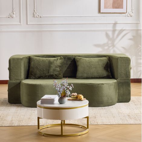 Sofá cama futón plegable 2 en 1 de espuma de alta densidad, sin montaje, verde oliva, OKWISH (1/5)