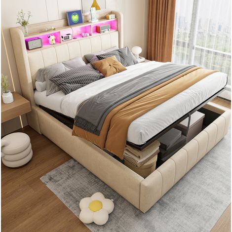 Lit coffre rembourré en tissu lin beige 140x200 cm avec LED, USB/USB-C, sommier à lattes inclus (1/5)