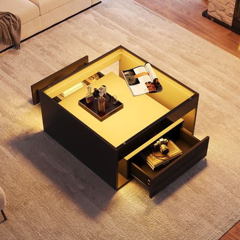 DESMIU Table basse carrée avec 2 tiroirs, niche ouverte, LED, pour salon, en MDF et verre trempé, noir, 70 × 70 × 35 cm (1/5)
