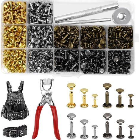 Ensemble de 360 rivets pour cuir, 4 couleurs, avec pince à riveter et pince à perforer. Rivets creux pour cuir de 12 mm, 8 mm et 6 mm, pour la création de vêtements et d'objets en cuir. Idéal pour le (1/5)