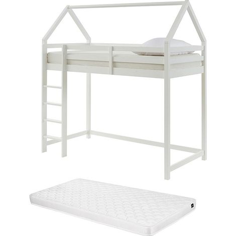 Vente-Unique – Lit mezzanine cabane 90 x 190 cm – Pin laqué blanc – Avec sommier cadre à lattes – Charge max 120 kg – Espace sous lit pour bureau ou jeu
