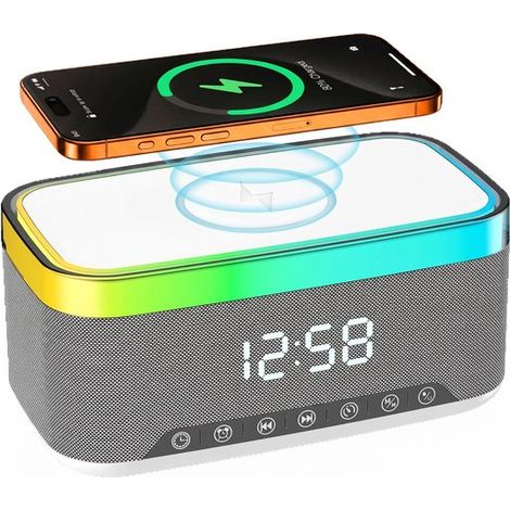 carmdering - Radio-réveil - Radio-réveil numérique - Réveil intelligent - Réveil numérique pour chambre - Réveil pour enfants et adultes - Haut-parleur Bluetooth 6 en 1 et chargeur sans fil 15 W - Mét (1/5)