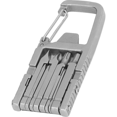 12-in-1 Multifunktions-Karabinerhaken Edelstahl Fahrradwerkzeug Outdoor-Gadget Multitool-Schlüsselanhänger Flaschenöffner Schraubendreher Camping (1/5)