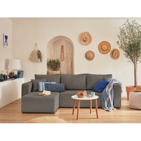 Bestmobilier – Canapé d'angle réversible 4 places convertible avec coffre – Velours côtelé gris – Dimensions L245xH85xP140 cm – Assise mousse polyuréthane (1/5)