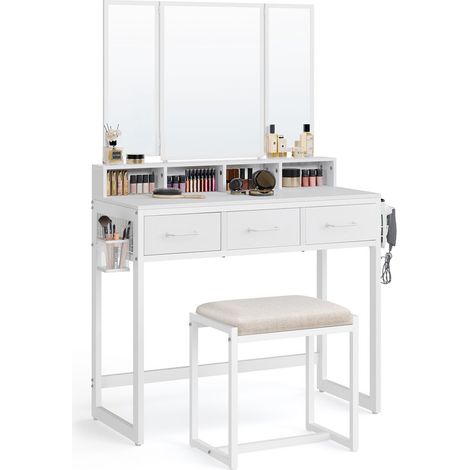 Vasagle – Coiffeuse moderne avec miroir triple – 3 tiroirs – Dimensions 90 x 40 x 141 cm – Tabouret rembourré – Panneau d’aggloméré et acier (1/5)