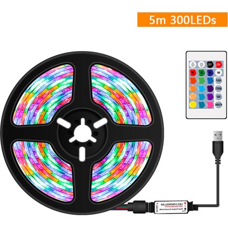 USB Dimmable RGB Bandes LED colorées avec télécommande IR 16 couleurs et 4 modes d'éclairage 5m 300LEDs Corde lumineuse pour TV Ordinateur Fond de bureau Maison Cuisine Éclairage décoratif (1/5)