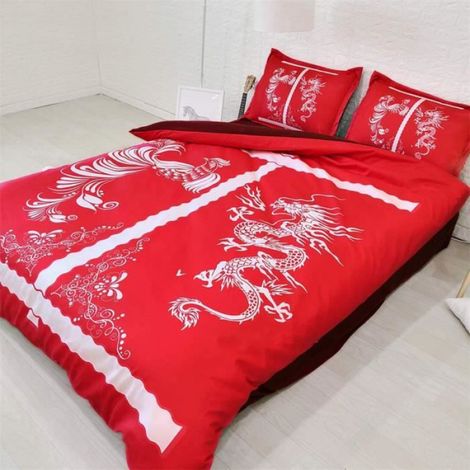 Parure de lit en Microfibre avec Housse de Couette et taie d'oreiller Motif Dragon Chinois et Phoenix- Rouge 140x200cm[2539] (1/4)
