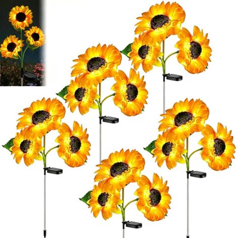 Lampes solaires de jardin : lot de 5 lampes LED d'extérieur avec 3 têtes de tournesol, étanches, jaune chaud, pour la décoration de votre jardin, terrasse ou porche. (1/5)