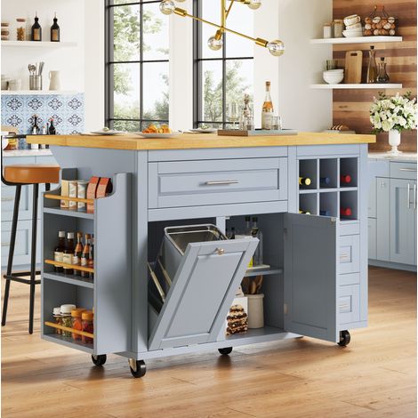 Carrello da cucina 143x45x91 cm blu in MDF con piano pieghevole, cassetti, portabottiglie estraibile e ruote (1/5)