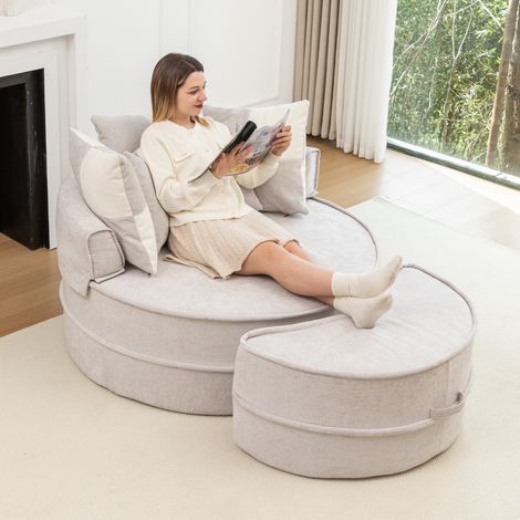 Canapé Rond avec Pouf et 5 Coussins Inclus - Dossier Rembourré, Design Moderne pour Salon et Chambre - Gris (1/5)