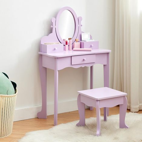 Coiffeuse Enfant Fille Princesse avec Miroir et Tabouret - Bureau 2-en-1 avec 3 Tiroirs - 4 à 9 Ans - Violet (1/5)