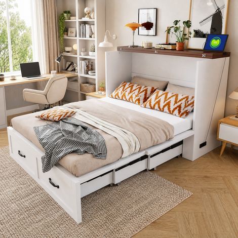 Letto a scomparsa 140 x 200 cm con presa europea, struttura in metallo, bianco DESVIAE (1/5)