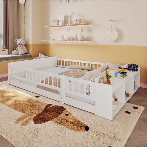 Letto matrimoniale 140x200 cm, con ripiani e vano aperto, in pino, bianco, per cameretta, senza materasso (1/5)