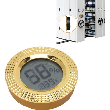 Higrómetro/termómetro digital para humidores de puros con marco de metal color oro – ABS, 50 mm de diámetro, CR2032 (1/5)