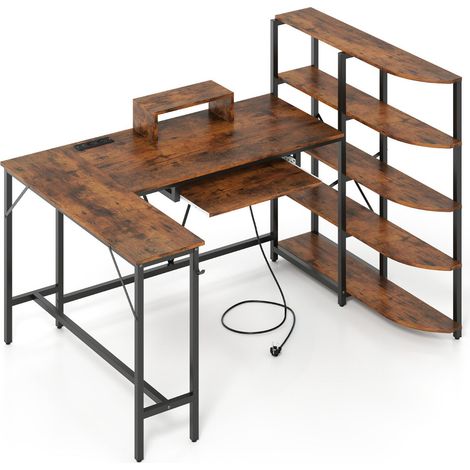 Bureau en L avec bibliothèque et station de charge 160 x 108 x 109,5 cm ergonomique moderne en bois d'ingénierie marron rustique