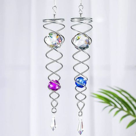 Lot de 2 spirales décoratives en acier inoxydable avec boule miroir et crochet pivotant pour suspension intérieure/extérieure (bleu, violet) (1/5)