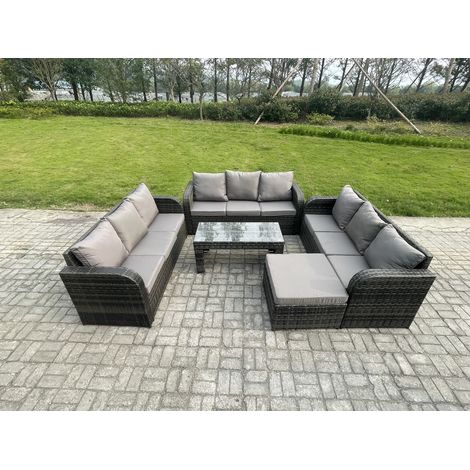 Fimous Ensemble de canapés en rotin 10 places Salon de jardin avec Table basse rectangulaire Grand tabouret Canapé 3 places Gris foncé mixte (1/5)