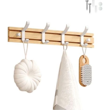 Bamboo Wall Mounted Coat Rack, 4 Hooks for Hanging Clothes, Robes, Towels, Coats, Wall Hook for Entryway, Bedroom, Bathroom (White - 4 Hooks) (1/5)