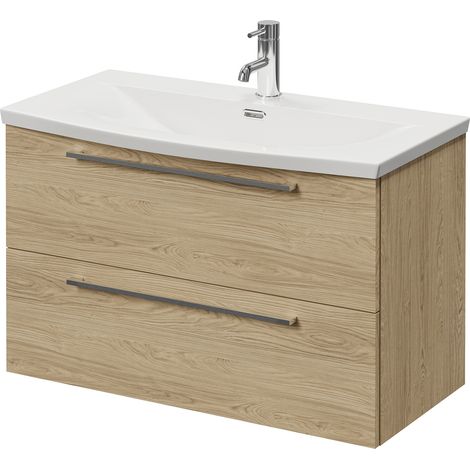 Napoli 390 Light Oak 800mm Wall Mounted 2 Drawer Vanity Unit with Arc Basin - 800mm - Chrome 480mm Handle