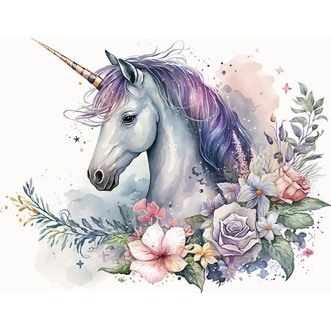 Papier peint panoramique Enfants - Licorne fleurs - 130 cm x 98 cm (1/2)