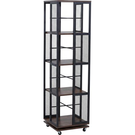 [JAMAIS UTILISÉ] Bibliothèque HHG-633, étagère sur pied, étagère pivotante, roulettes pivotantes, métal industriel mélaminé MVG 147x40x40cm, brun foncé
