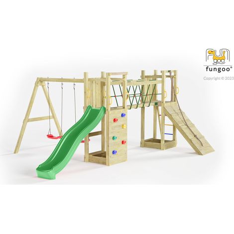 Aire de jeux avec toboggan 2,2m – Pont complet avec cordage – 10 ancrages de sécurité – Dimensions 5,25m x 3,98m x 2,1m – Pour 9 utilisateurs max – Fungoo