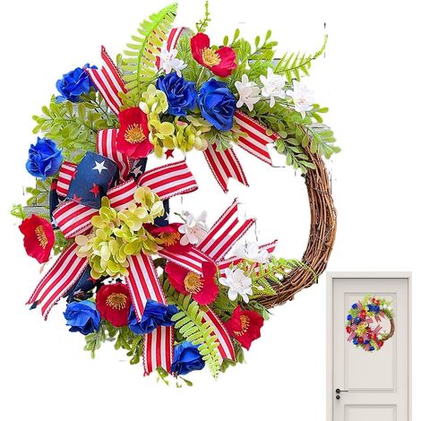 Couronne Rouge Blanc Bleu Décoration Drapeau américain 250e Anniversaire Couronne d'entrée patriotique pour Memorial Day Porte Porche Mur Maison Extérieur Fête (1/5)
