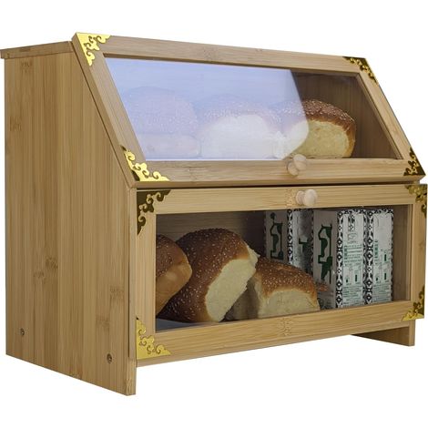 Boîte à pain d'angle extra large en bambou pour comptoir de cuisine – Double couche, boîte à pain hermétique et support, récipient de rangement pour pain naturel, idéal pour les pains faits (1/5)