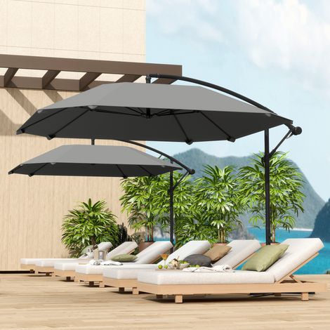 Parasol déporté 3 m en toile polyester 180 g/m² pour terrasse et jardin, inclinable à manivelle, pied inclus, gris anthracite (1/5)
