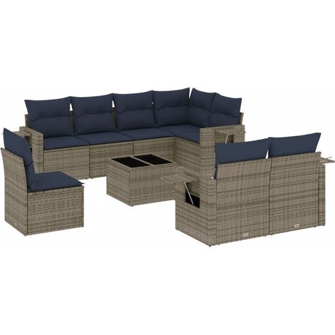 Maison Exclusive - 9-teiliges Gartensofa-Set mit Kissen, grau, Po (1/5)