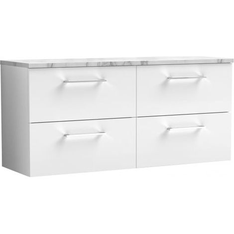 Nuie Arno Wall Hung 4-Drawer Vanity Unit with Carrera Marble Worktop 1200mm Wide - Gloss White (1/4)