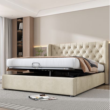 DESVIAE Lit coffre rembourré style Chesterfield en velours beige 160 x 200 cm avec tête de lit haute capitonnée oreilles latérales sommier à lattes et rangement hydraulique (1/5)