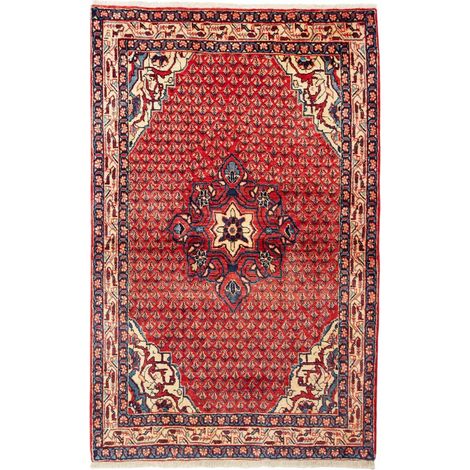 Tapis d'orient 101 x 162 cm, motif oriental, laine nouée à la main, rouge, bleu et crème, authenticité persane (1/5)