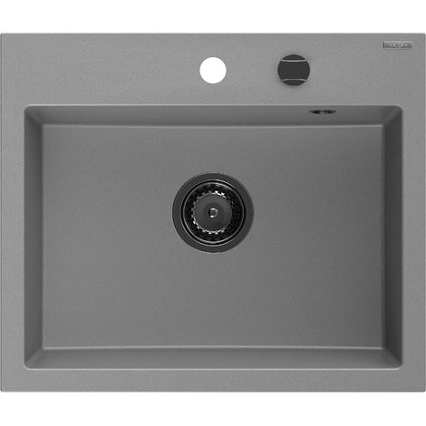 Mexen Oscar fregadero de granito de 1 compartimento 580 x 490 mm, gris, sifón negro - 6519581000-71-B (1/5)
