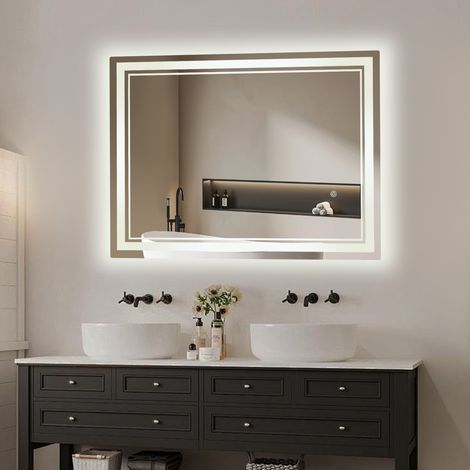 Rechteckiger Silberspiegel, 31,5 x 23,62 x 0,98 in, LED-Badezimmerspiegel mit zwei Lichtquellen, stufenloser Dimmfunktion in drei Farben + Touch-Schalter, horizontale und vertikale Montage, europäisch (1/5)