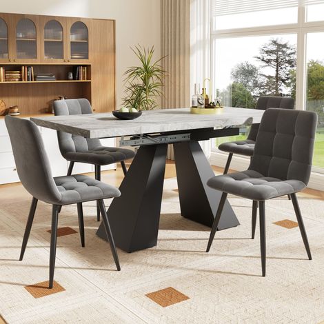 Esstisch- und Stuhl-Set MDF grau/schwarz 99-159x74x77 cm ausziehbar mit 4 Samtstühlen MIVRAY