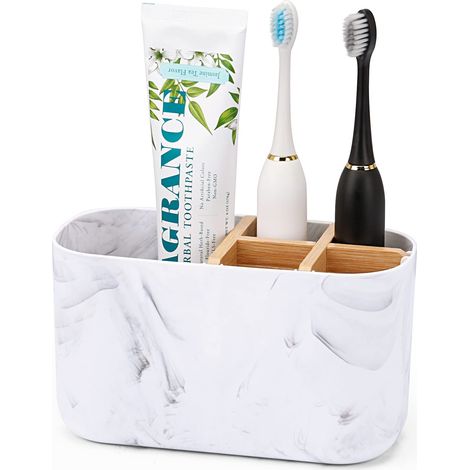 Zahnbürstenhalter kompatibel mit dem Badezimmer, Bambus-Zahnbürstenhalter mit 5 Fächern, elektrischer Zahnbürstenhalter kompatibel mit Kindern und Zahnpastahalter, Marmor-Zahnbürstenhalter kompatibel. (1/5)