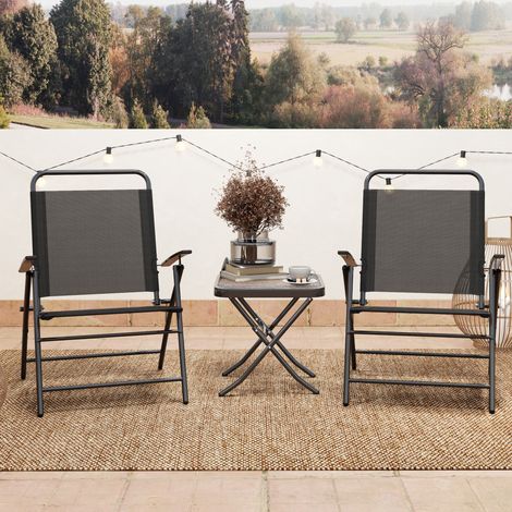3-teiliges Set: Tisch mit Glasplatte und Klappstühle mit verstellbarer Rückenlehne für die Terrasse, Schwarz