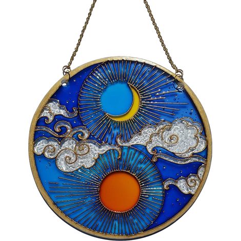 Atrapasueños acrílico original y colorido: decoración móvil para pared y ventana con sol, luna y nubes. Modelo multicolor de 20 cm. (1/4)