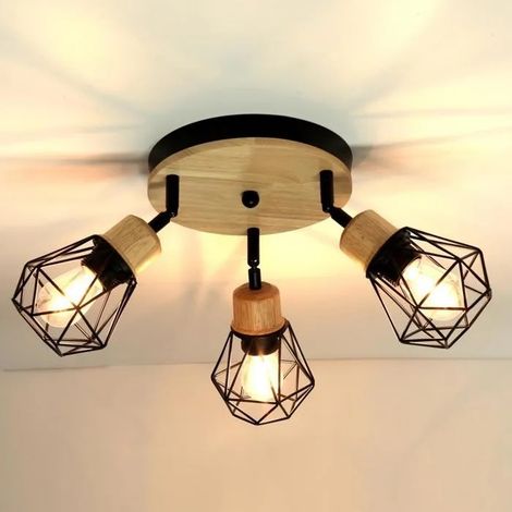 3 Spots de Plafond Industriel,Plafonnier Spot Vintage en Bois et Métal Abat-jour Design Cage Style Edison pour Cuisine Couloir (1/5)